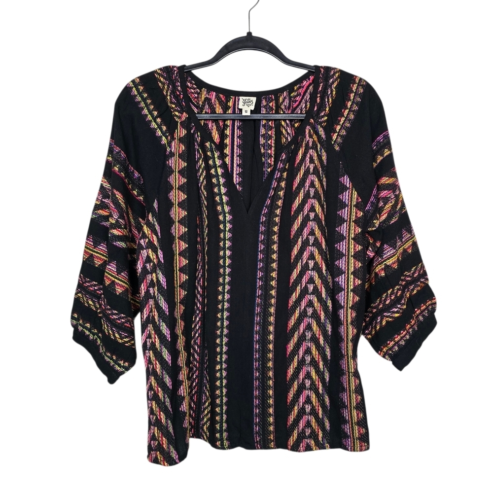 Ivy Jane Black Top with Multicolor Geometric Pattern